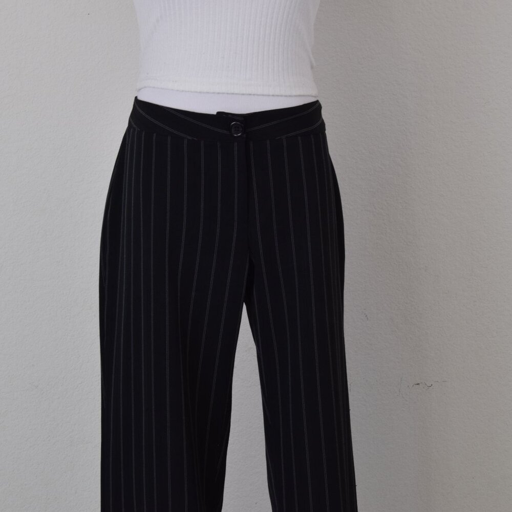 Vintage 90s Low‎ Waist Black Pinstripe Flat Front Trousers | 34 waist